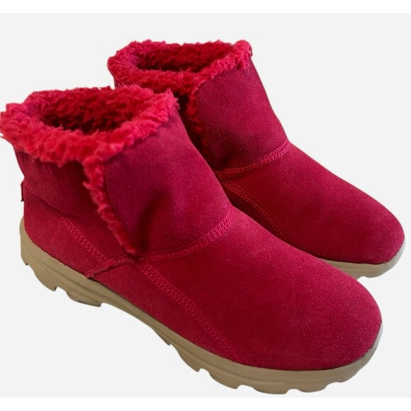 Skechers Go Walk Suede Faux Fru Boots Red Slip On Ankle Bootie Womens Size 7 - Picture 4 of 15